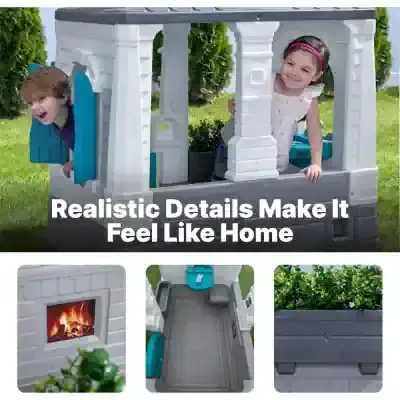 Bright children playing in colorful plastic playhouse with realistic home features for kids outdoor fun and pretend play.