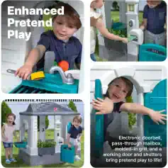Kids pretend play outdoor toy set with electronic doorbell, mailbox, grill, and shutters for children’s imaginative role-play activities.