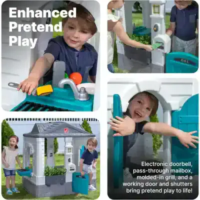 Kids pretend play outdoor toy set with electronic doorbell, mailbox, grill, and shutters for children’s imaginative role-play activities.