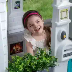 Famous Monalisa store toy playhouse with realistic fireplace and window for kids' pretend play, designed for children to enjoy imaginative activities and enhance their creativity.