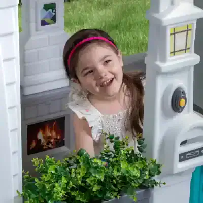 Famous Monalisa store toy playhouse with realistic fireplace and window for kids' pretend play, designed for children to enjoy imaginative activities and enhance their creativity.