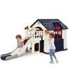 Colorful kids outdoor playhouse with slide and basketball hoop for children’s entertainment, ideal for backyard activities and active play.