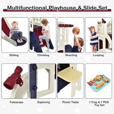 Colorful children's playhouse with slide, climbing wall, basketball hoop, and interactive accessories for imaginative play and developmental fun.
