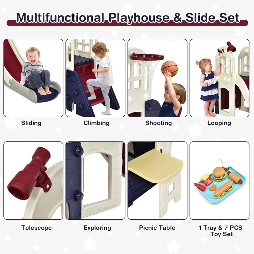 Colorful children's playhouse with slide, climbing wall, basketball hoop, and interactive accessories for imaginative play and developmental fun.
