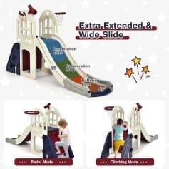 Slide and basketball hoop playground toy for children, featuring extra-wide slide, climbing mode, and pedal mode, perfect for outdoor kids' play area.