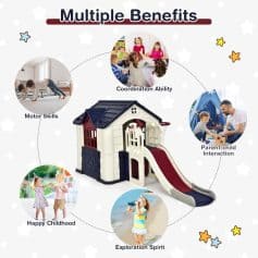 Bright children's playhouse with slide and backyard design for kids' outdoor activities and imaginative play. Perfect for fostering motor skills, coordination, and parent-child interaction at Monalisa Store.