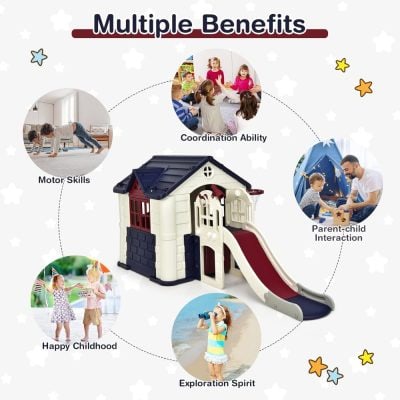 Bright children's playhouse with slide and backyard design for kids' outdoor activities and imaginative play. Perfect for fostering motor skills, coordination, and parent-child interaction at Monalisa Store.