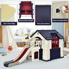 Colorful kids playhouse with slide and safety features for outdoor fun and imaginative play.