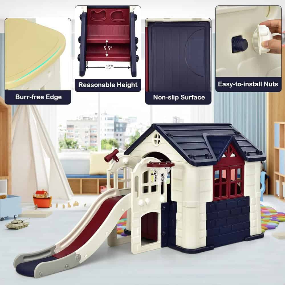Colorful kids playhouse with slide and safety features for outdoor fun and imaginative play.