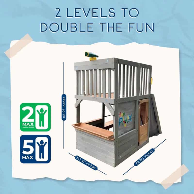 Kids indoor playhouse with two levels ideal for children's fun and imaginative play, featuring climbing area and slide, made from durable wood, perfect for indoor entertainment centers and playrooms.