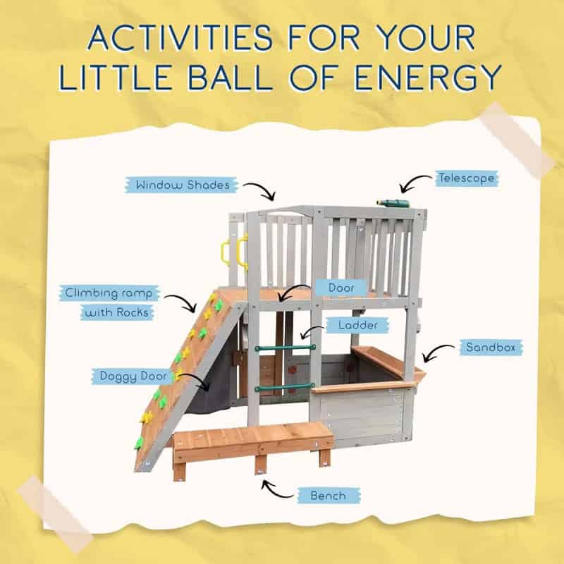 Climbing playhouse with rooftop, sandbox area, ladder, doggy door, window shades, telescope, bench, ideal for children’s outdoor activities and energy burning.