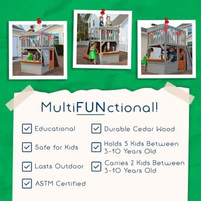 Playhouse for kids, outdoor wooden playhouse with colorful banners, kids playing on a multi-functional playset, durable cedar wood, safe for children, ideal for outdoor play, suitable for ages 3-10, educational and ASTM certified outdoor play structure.