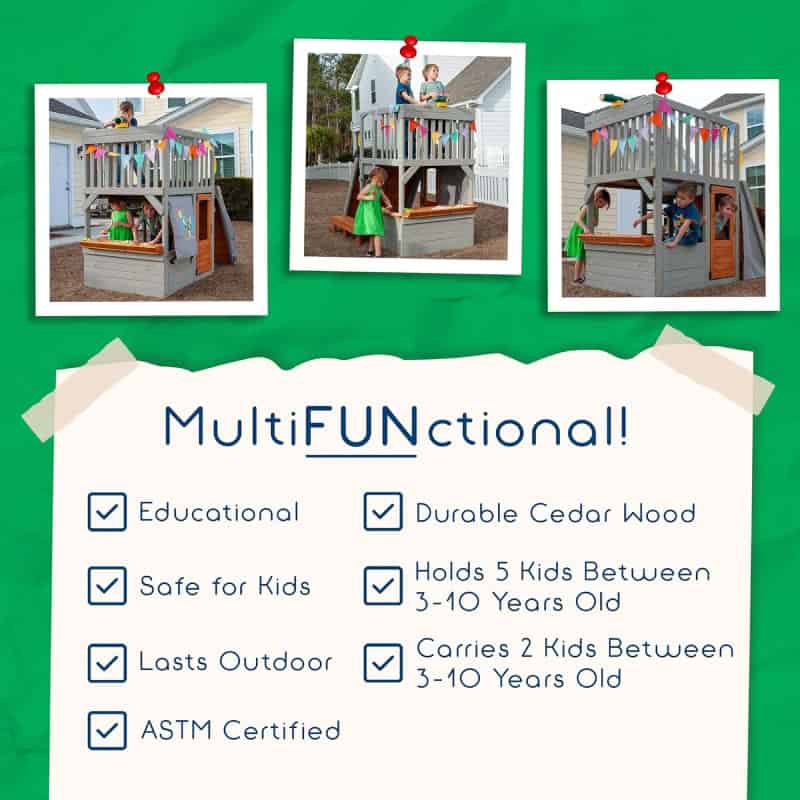 Playhouse for kids, outdoor wooden playhouse with colorful banners, kids playing on a multi-functional playset, durable cedar wood, safe for children, ideal for outdoor play, suitable for ages 3-10, educational and ASTM certified outdoor play structure.