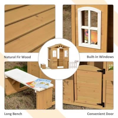 Wooden playhouse with natural fir wood finish, built-in windows, long bench, and convenient door, perfect for kids' outdoor play and activities.