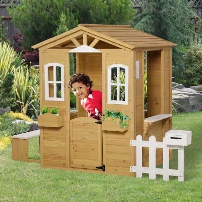 Cute wooden backyard playhouse for kids with windows, bench, and flower boxes, perfect for outdoor fun and imaginative play. Ideal for enhancing your garden with a charming play space.