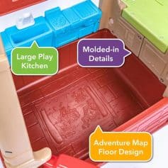 Play kitchen toy with molded-in details, large play kitchen set for kids, adventure map floor design, colorful children's pretend play kitchen accessories for imaginative learning, durable plastic construction for kids' educational play.
