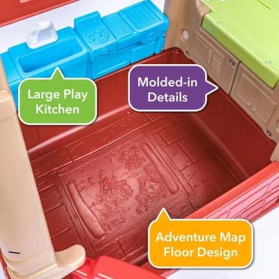 Play kitchen toy with molded-in details, large play kitchen set for kids, adventure map floor design, colorful children's pretend play kitchen accessories for imaginative learning, durable plastic construction for kids' educational play.