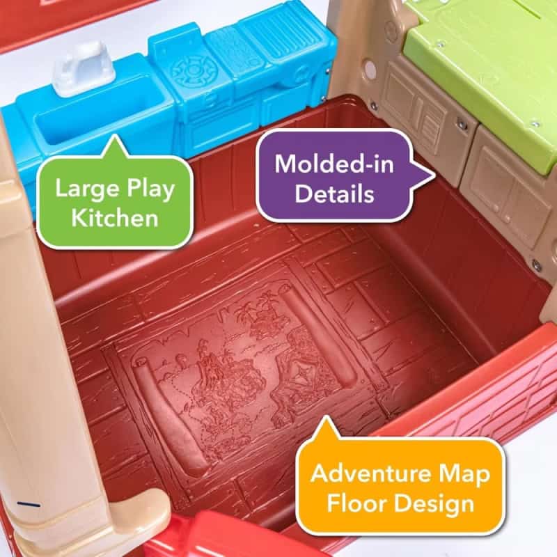 Play kitchen toy with molded-in details, large play kitchen set for kids, adventure map floor design, colorful children's pretend play kitchen accessories for imaginative learning, durable plastic construction for kids' educational play.