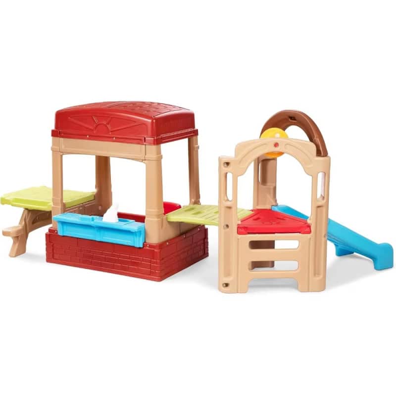 Colorful plastic kids' playhouse with slide and water feature, suitable for outdoor and indoor activities, designed for young children to enjoy imaginative play.