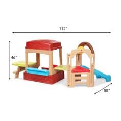Colorful plastic playhouse with slide and climbing features for kids outdoor fun and imaginative activities.