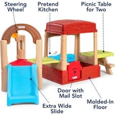 Colorful plastic children's playhouse with slide, pretend kitchen, picnic table, door with mail slot, and molded-in floor for outdoor fun and imaginative activities for kids.