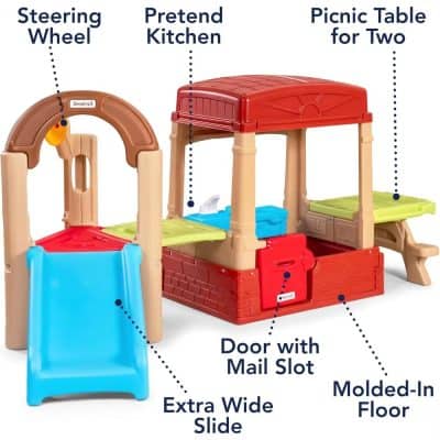 Colorful plastic children's playhouse with slide, pretend kitchen, picnic table, door with mail slot, and molded-in floor for outdoor fun and imaginative activities for kids.