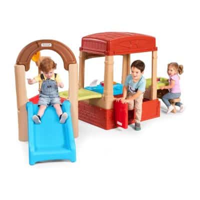 Colorful outdoor kids playset with slide and playhouse, perfect for children's entertainment and active fun. Durable plastic construction suitable for backyard or play area.