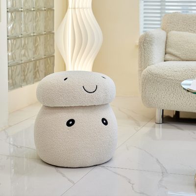 Whimsical plush storage ottoman with smiling face, cozy beige textured furniture, modern living room decor, Monalisa Store opt for cute and functional home accessories.