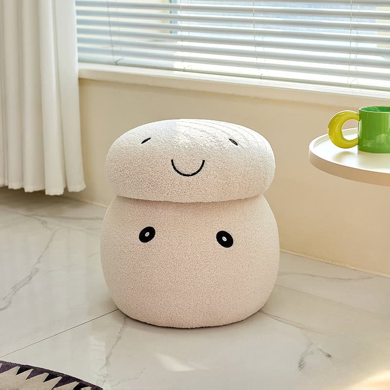Soft plush storage stool with a cute, smiling face, perfect for children’s rooms or offices; sturdy and adorable.