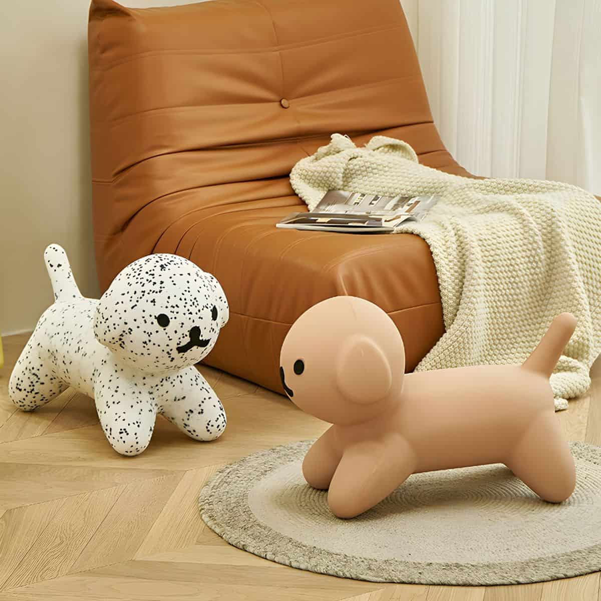 Brightly colored dog-shaped lamp and plush teddy bear lamp in a modern bedroom setting, highlighting stylish lighting options from Monalisa Store.