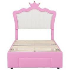 Colorful princess bed with pink and white design, featuring a crown-shaped headboard, ideal for children's bedroom decor and sleep comfort.