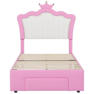 Colorful princess bed with pink and white design, featuring a crown-shaped headboard, ideal for children's bedroom decor and sleep comfort.