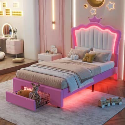 Pink illuminated bedroom with princess-style bed, cozy bedding, and plush toys, ideal for kids' bedrooms or themed interior decor, featuring LED lighting and elegant furnishings.