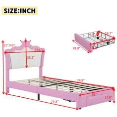 Bright pink princess-themed bed with crown headboard and adjustable size, designed for children's comfort and style. Features detailed measurements for easy fitting and space planning.