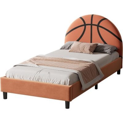 Bright orange basketball-themed bed with a semi-circular headboard, perfect for sports enthusiasts. Stylish and comfortable bedroom furniture from Monalisa Store.