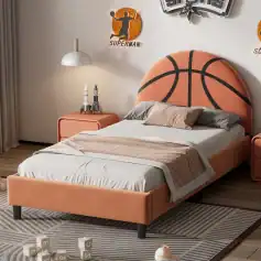Luxurious bedroom with a basketball-themed bed design, modern decor, and plush bedding, ideal for sports enthusiasts and kids' bedrooms.