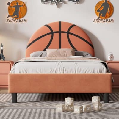 Vibrant basketball-themed bedroom decor with a unique basketball-shaped headboard, perfect for sports enthusiasts and kids' bedrooms, creating a playful and energetic atmosphere.