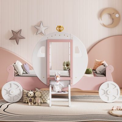 Whimsical pink and white children's bedroom with a carriage-shaped bed, plush toys, and soft decor, perfect for kids’ sleepovers or playrooms with dreamy, playful interior design.