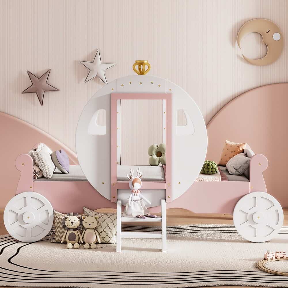 Whimsical pink and white children's bedroom with a carriage-shaped bed, plush toys, and soft decor, perfect for kids’ sleepovers or playrooms with dreamy, playful interior design.