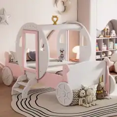 Pink and white children's bed designed like a fairy tale carriage, perfect for kids' bedrooms or nurseries, with decorative plush toys and moon-shaped lighting, creating a cozy and playful atmosphere.