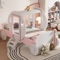 Cute children’s bed shaped like a carriage with pink and white accents, perfect for a nursery or kids' bedroom, featuring cozy pillows, plush toys, and creative decor for a fun sleep space.