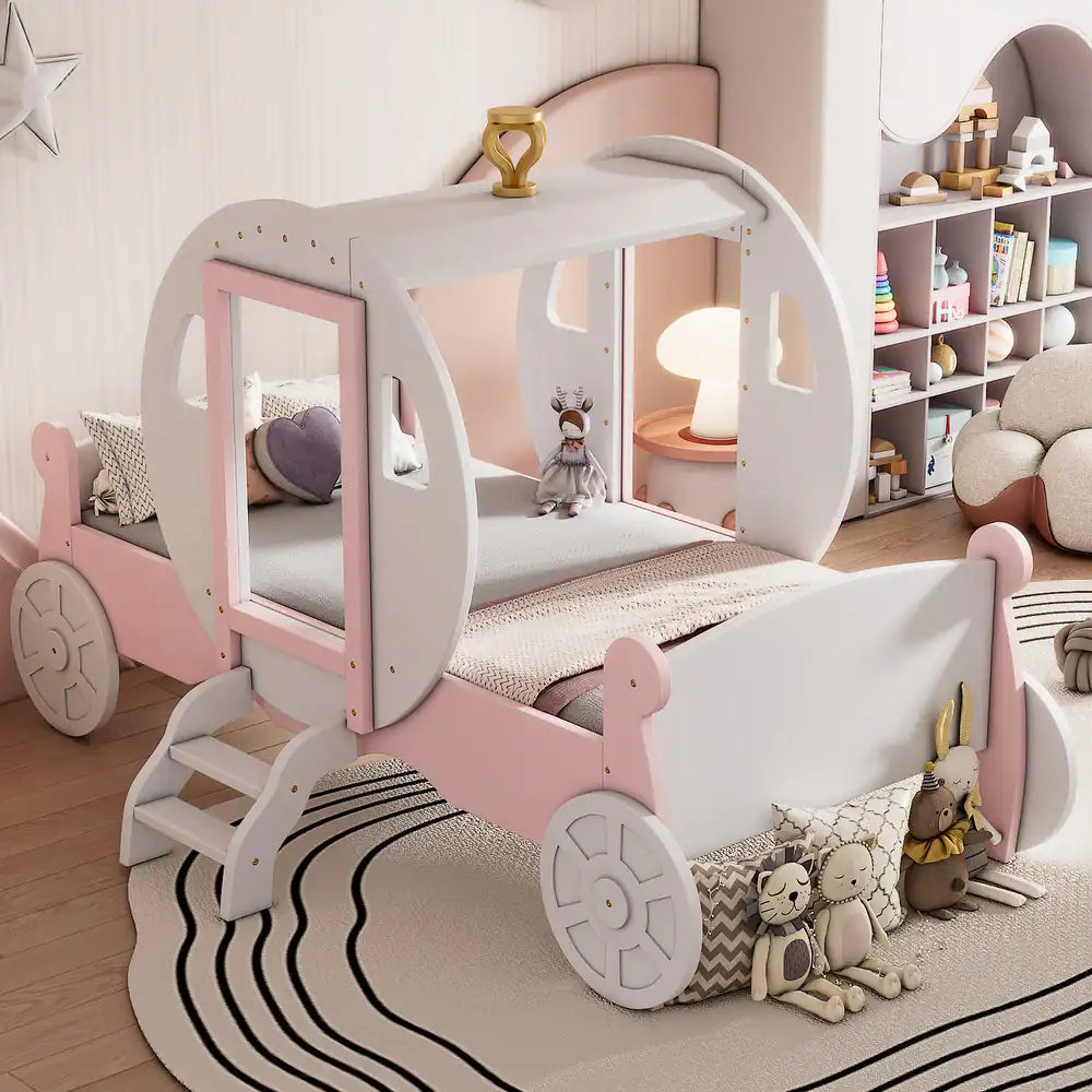 Cute children’s bed shaped like a carriage with pink and white accents, perfect for a nursery or kids' bedroom, featuring cozy pillows, plush toys, and creative decor for a fun sleep space.