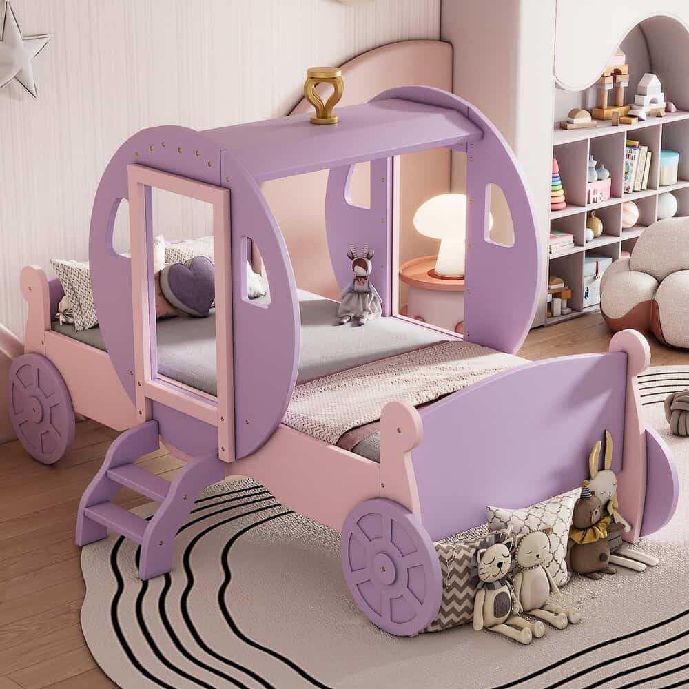 Colorful children's bed designed as a fairy tale carriage with purple and pink accents, perfect for a cozy and imaginative bedroom.