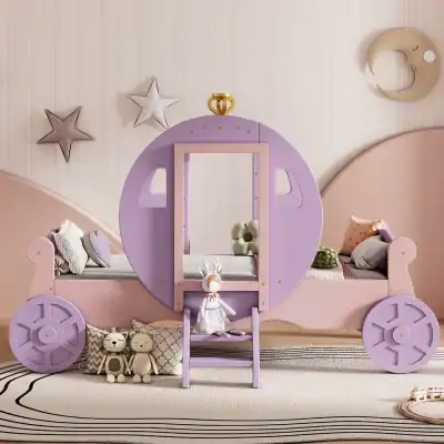 Colorful children's bed with a whimsical carriage design, perfect for a fairy-tale themed bedroom or nursery, featuring soft pastel shades and charming decorative elements for boys and girls.