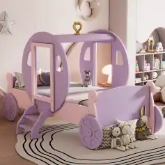 Vibrant princess carriage bed for kids bedroom, featuring pastel pink and purple tones, perfect for children's sleep and play spaces.
