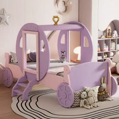 Vibrant princess carriage bed for kids bedroom, featuring pastel pink and purple tones, perfect for children's sleep and play spaces.