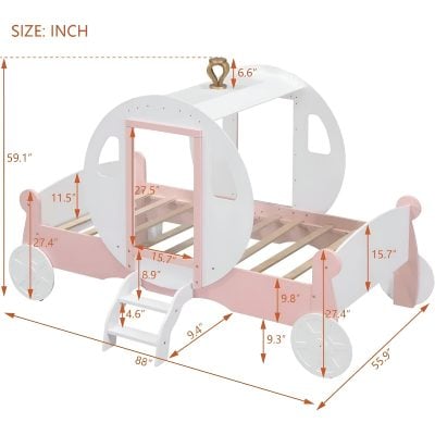 Colorful children's wooden bed with a playful airplane design, pink and white finish, ideal for kids' bedrooms, complete with safety rails and steps, perfect for a fun and cozy sleep space.