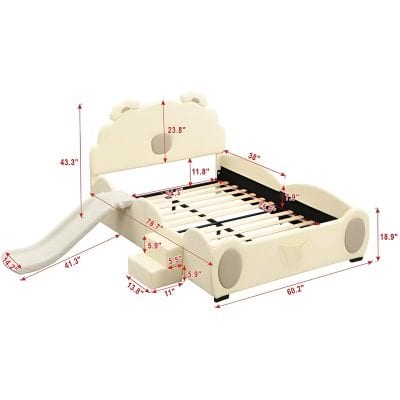 Adjustable children's bed with slide and storage space, ideal for kid's bedrooms, featuring durable construction and playful design. Perfect for fun, comfort, and wellness.