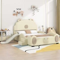 Soft cream-colored children's bed with bear-shaped headboard, built-in slide, and playful design in a modern kids' bedroom. Perfect for creating a fun and cozy environment for kids in an optometry-themed space.