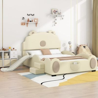 Soft cream-colored children's bed with bear-shaped headboard, built-in slide, and playful design in a modern kids' bedroom. Perfect for creating a fun and cozy environment for kids in an optometry-themed space.